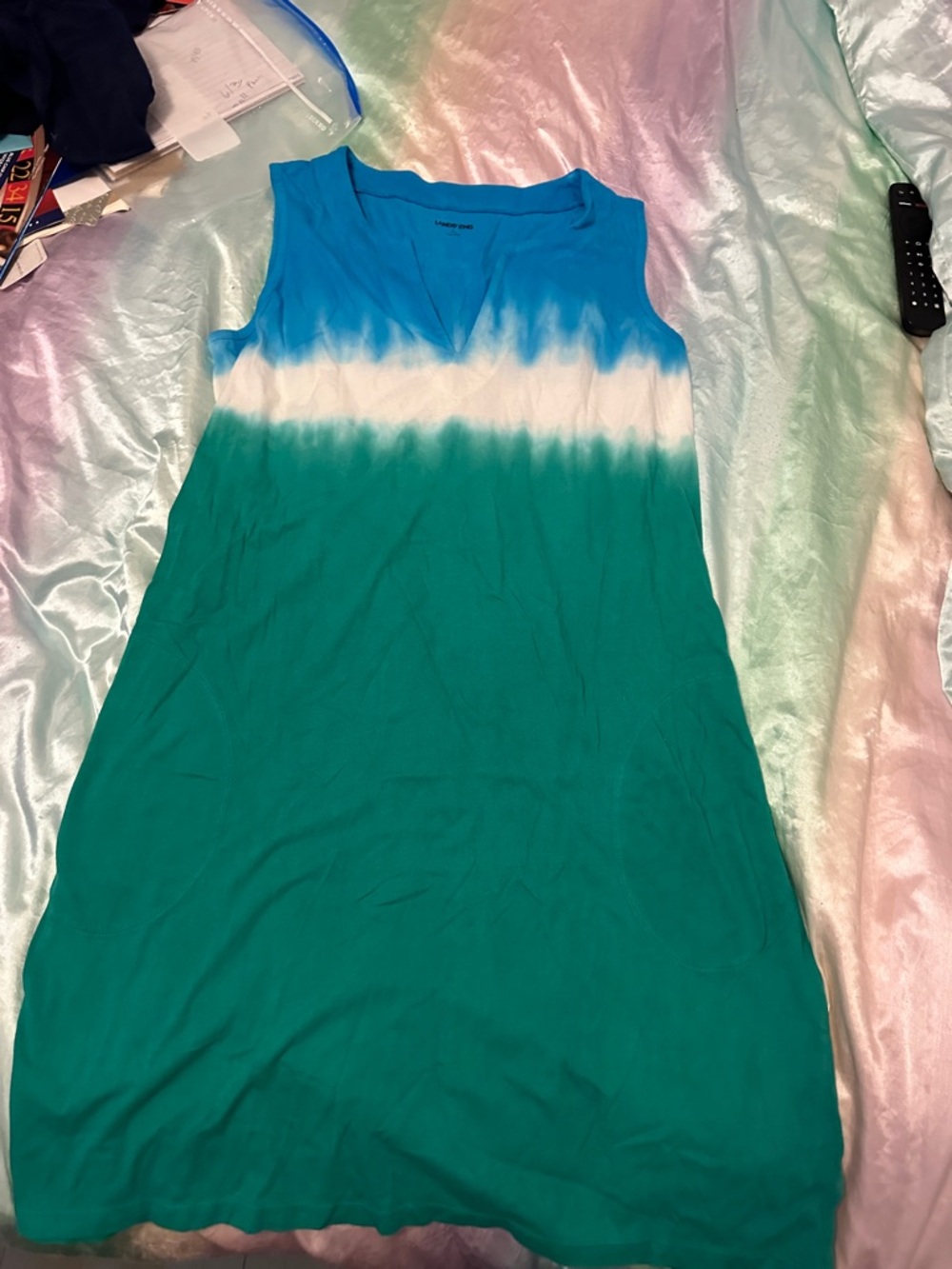 Lands' End Blue White Teal Tie-Dye Sleeveless Swim Coverup